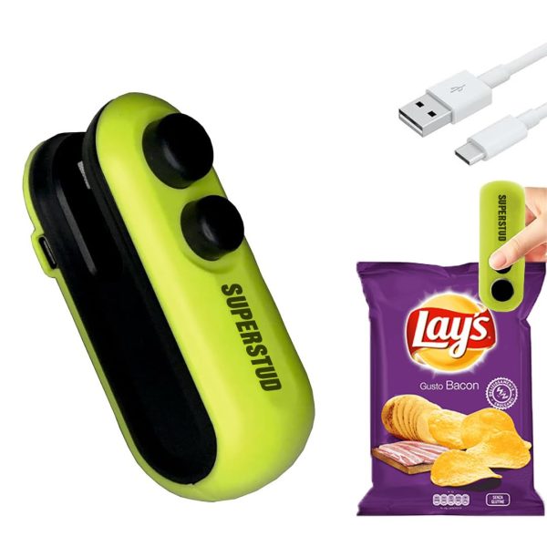 SUPERSTUD Portable Plastic Bag Sealing Machine || Mini Bag Sealer with Cutter and Magnet || Packet Sealer for Food, Chips, Snacks, Traveling Food Packets Bags (Rechargeable) (Rich Green)