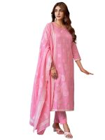 Sanisa Women's Cotton Jacquard Work Straight Kurta with Pant and Dupatta Set