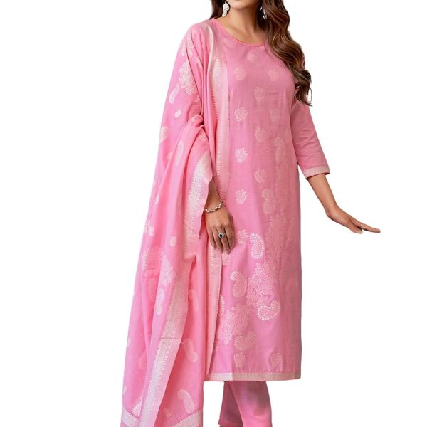 Sanisa Women's Cotton Jacquard Work Straight Kurta with Pant and Dupatta Set