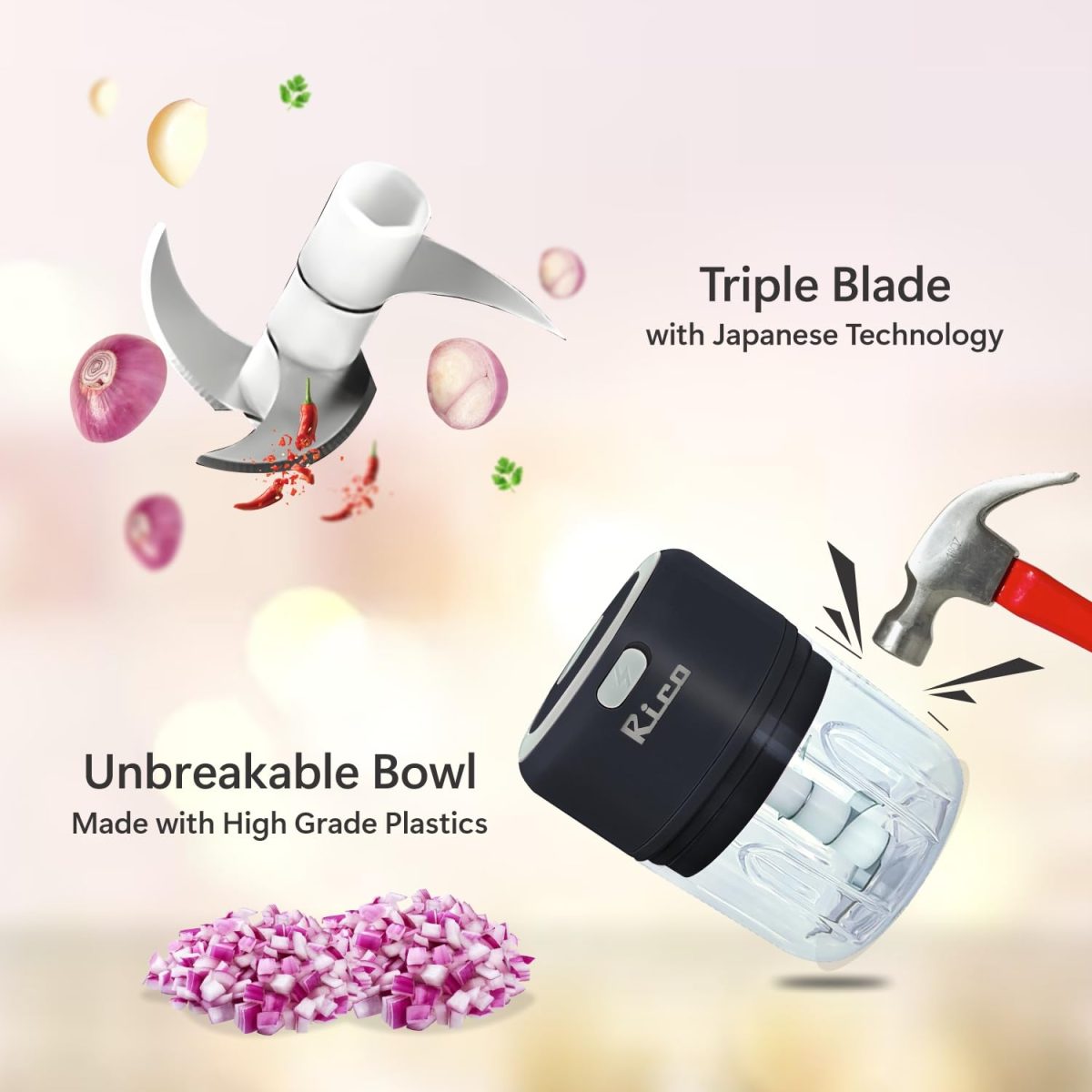 Rico Japanese Technology Wireless Mini Electric Chopper | 1 Year Replacement Warranty | Unbreakable Bowl | One Touch Operation | 10 Seconds for Mincing Garlic, Ginger, Onion, Vegetable, Meat - 250 ML - Image 4