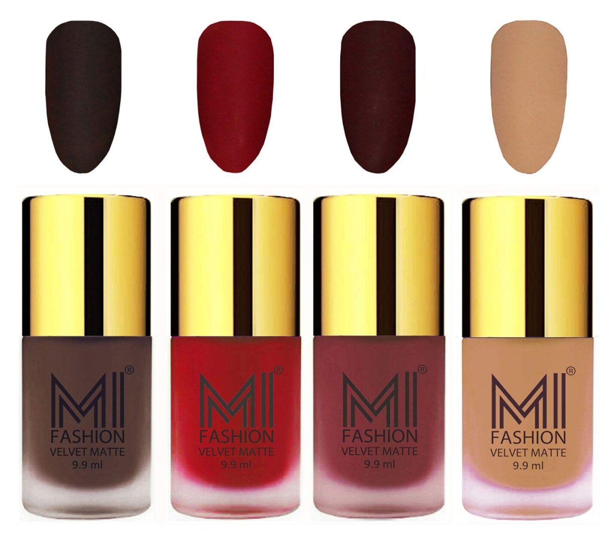 MI Fashion Matte Nail Polish Set Multicolor Coffee, Tomato Red, Maroon and Nude Colors of 4 Pcs 9.9ml each - Image 2