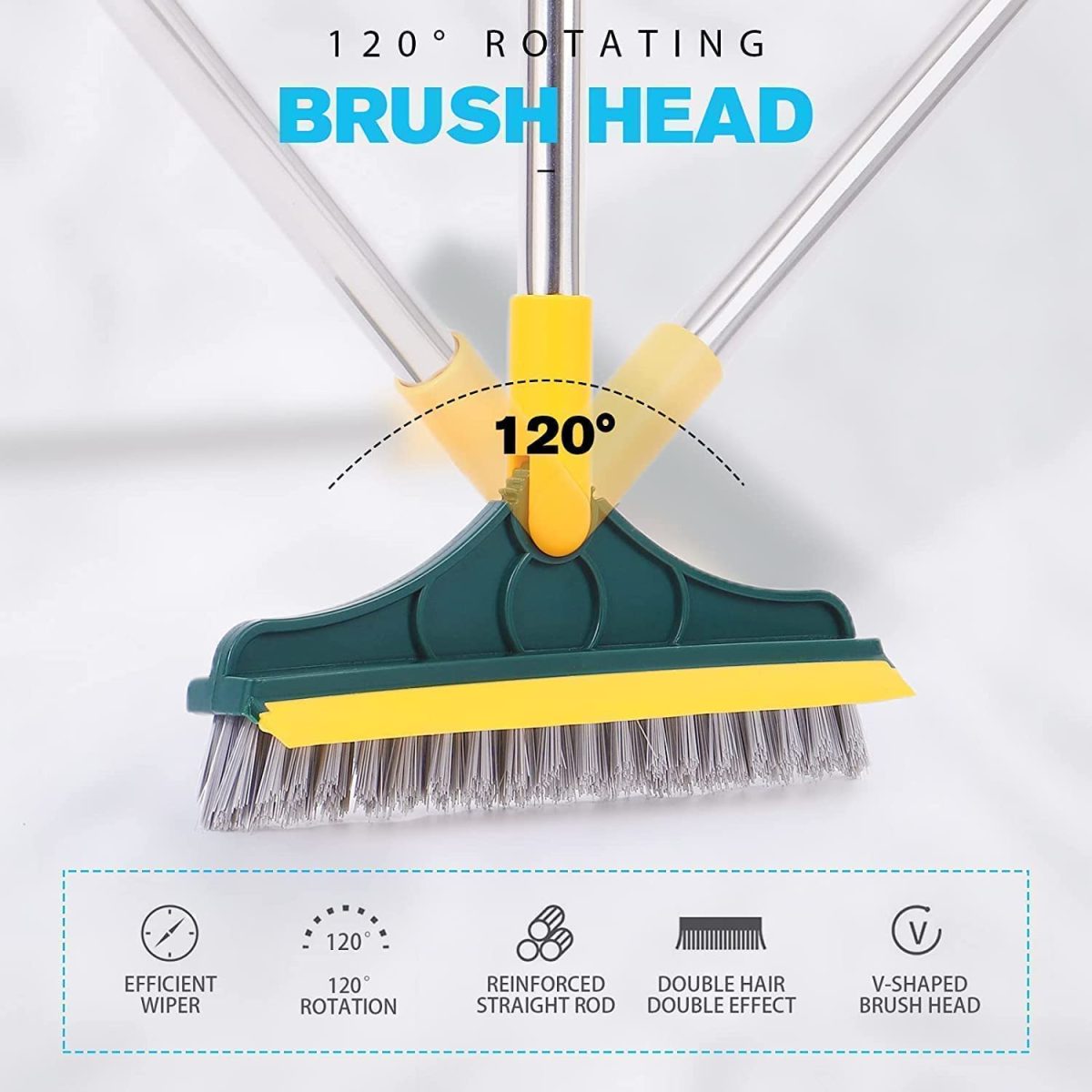 TEKCOOL 2-in-1 Bathroom Cleaning Brush with Wiper and Long Handle - 120° Rotating Floor Scrub Brush for Tiles, Kitchen, and Home Cleaning Accessories, Black, Stainless Steel - Image 2