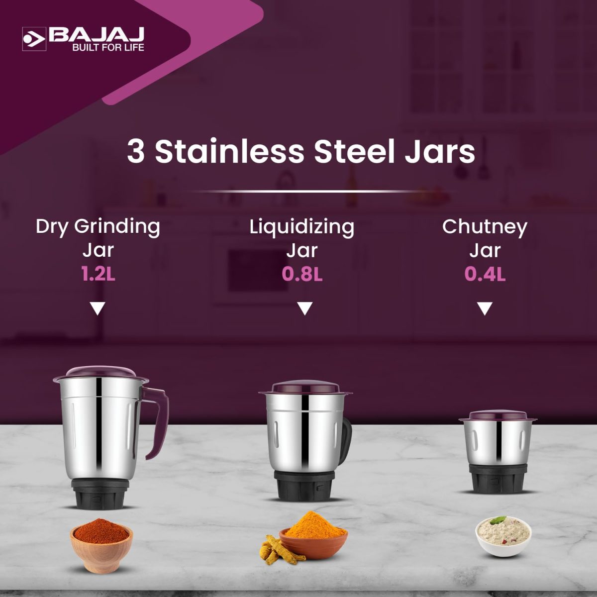 Bajaj Rex Mixer Grinder 500W | Mixie For Kitchen With Nutri-Pro Features | 3 SS Mixer Jars For Heavy Duty Grinding | Adjustable Speed Control | Multifunctional Blade System | 2 Yr Warranty【Purple】 - Image 4