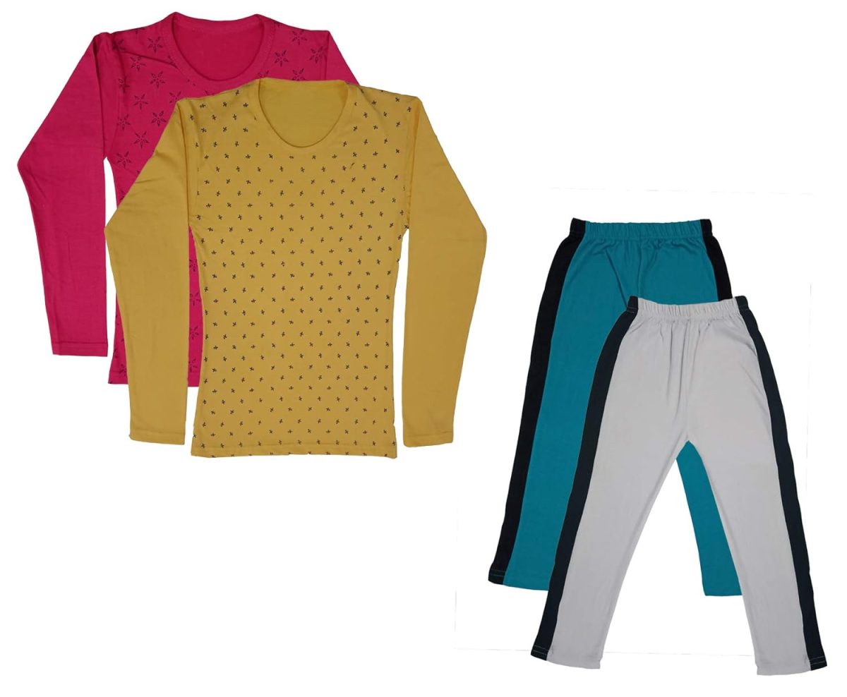 IndiWeaves Girls Cotton Full Sleeve Printed T-Shirts and Cotton Capri 3/4 Pants (Green,White,Magenta,Yellow,6-7 Years) Pack of 4