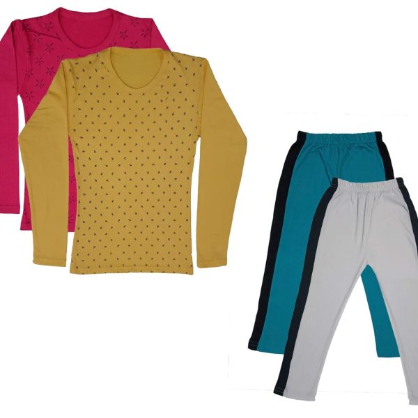 IndiWeaves Girls Cotton Full Sleeve Printed T-Shirts and Cotton Capri 3/4 Pants (Green,White,Magenta,Yellow,6-7 Years) Pack of 4