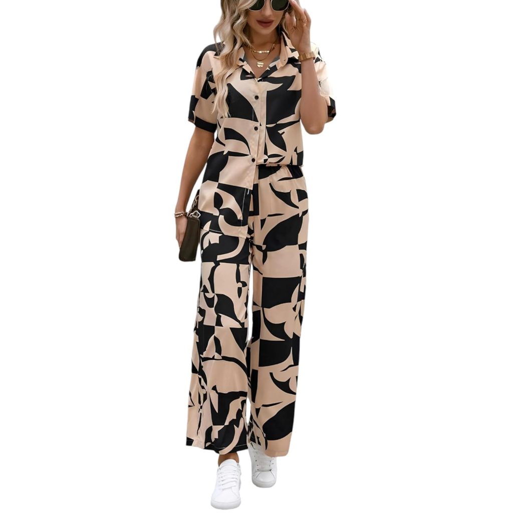 Gufrina Women's Geometric Print Co-ords Set - Short Sleeve Open Collar Shirt and Wide-Leg Pants Ensemble