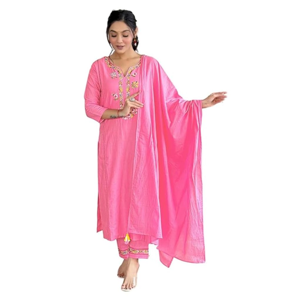 Naixa Women's Viscose Cotton Embroidered Straight Kurta with Pant and Dupatta Sets (Available in Plus Size) (NX-591)