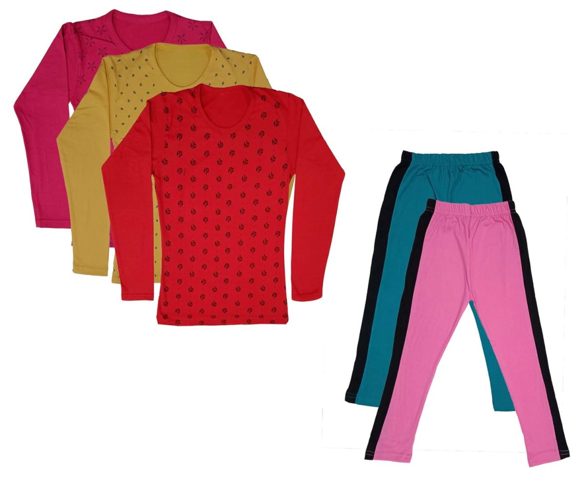 IndiWeaves Girls Cotton Full Sleeve Printed T-Shirts and Cotton Capri 3/4 Pants (Green,Pink,Magenta,Yellow,Red,9-10 Years) Pack of 5