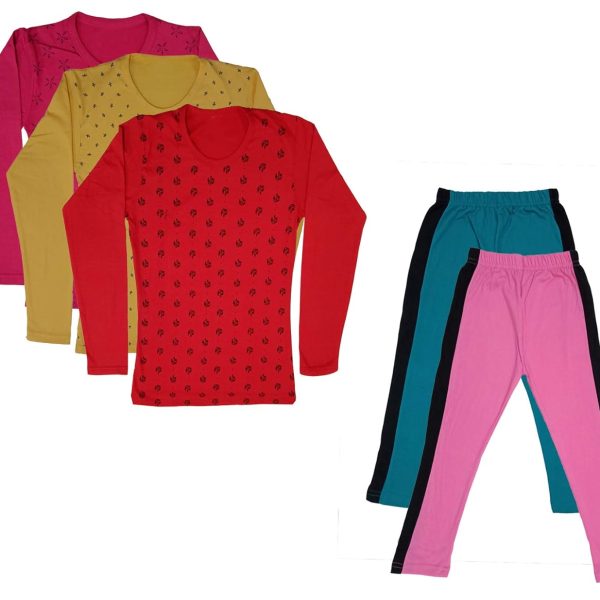 IndiWeaves Girls Cotton Full Sleeve Printed T-Shirts and Cotton Capri 3/4 Pants (Green,Pink,Magenta,Yellow,Red,9-10 Years) Pack of 5