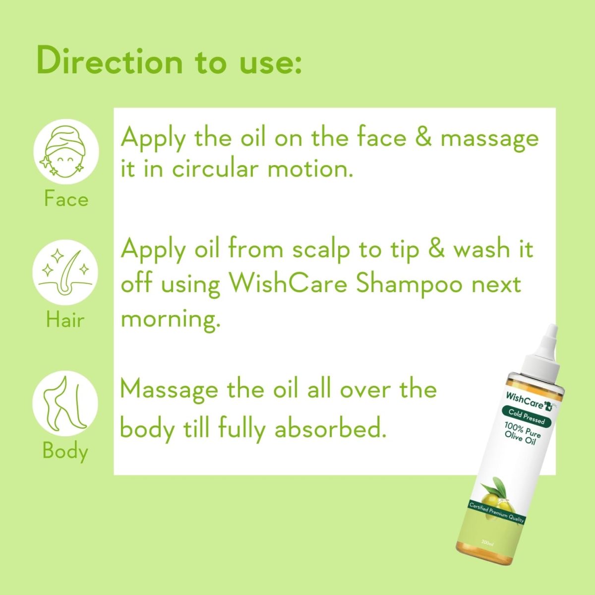 WishCare® 100% Pure Premium Cold Pressed Olive Oil for Hair & Skin - 200ml - Image 5