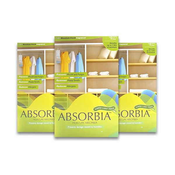Absorbia Moisture Absorber Mountain Fresh Hanging Pouch | Pack of 3 (1000ml each) Moisture Absorber for Wardrobe | Dehumidifier for Room Moisture | Air Freshener for Room, Toilet | Moisture Absorbers
