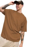 CHKOKKO Polyester Oversized Solid Round Neck Tshirts for Men Golden Brown L (T-La-1-5)