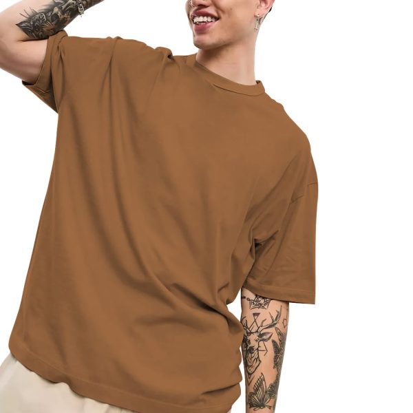 CHKOKKO Polyester Oversized Solid Round Neck Tshirts for Men Golden Brown L (T-La-1-5)