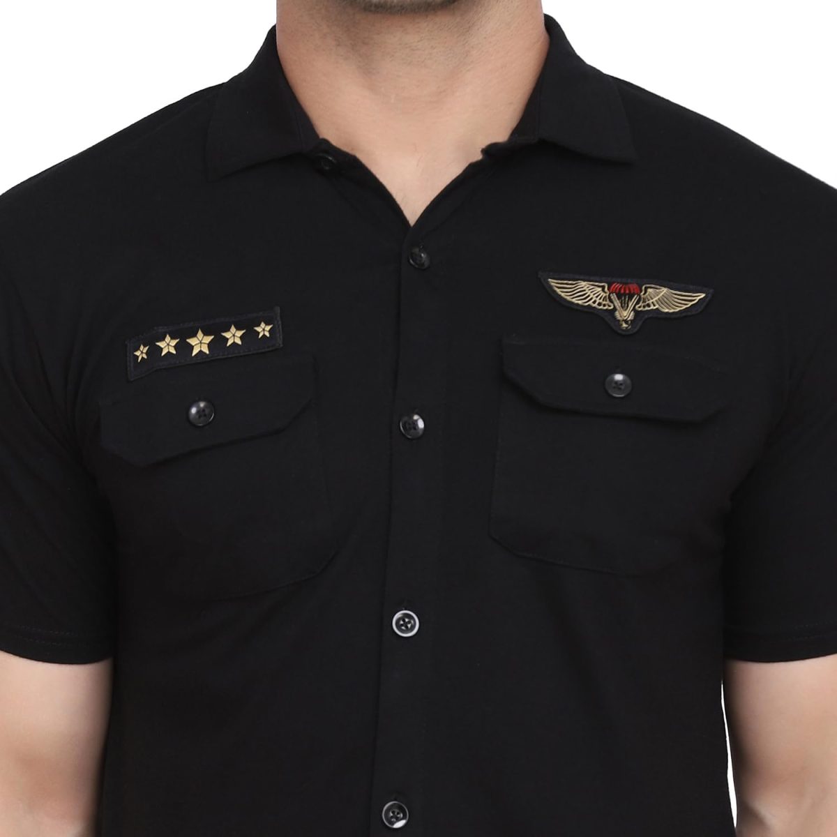 Tfurnish Men's Casual Spread Collar Shirt | Half Sleeve Slim Fit Button Down with Chest Flap Pockets & Stylish Badges - Image 4