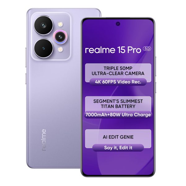 realme 15 Pro 5G Smartphone 12+256GB Purple,4K 60FPS,144Hz HyperGlow 4D Curve Display,7000mAh Battery,80W SuperVOOC, Camera Triple 50MP, Snapdragon 7 Gen 4, IP69