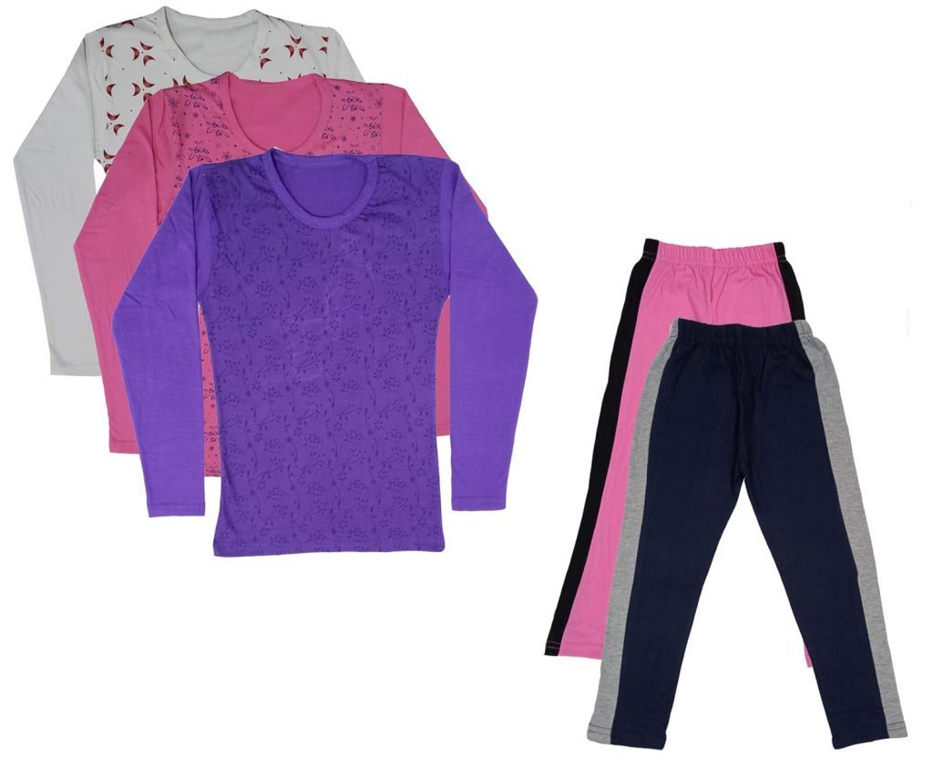 IndiWeaves Girls Cotton Full Sleeve Printed T-Shirts and Cotton Capri 3/4 Pants (Pink,Navy Blue,White,Pink,Purple,11-12 Years) Pack of 5