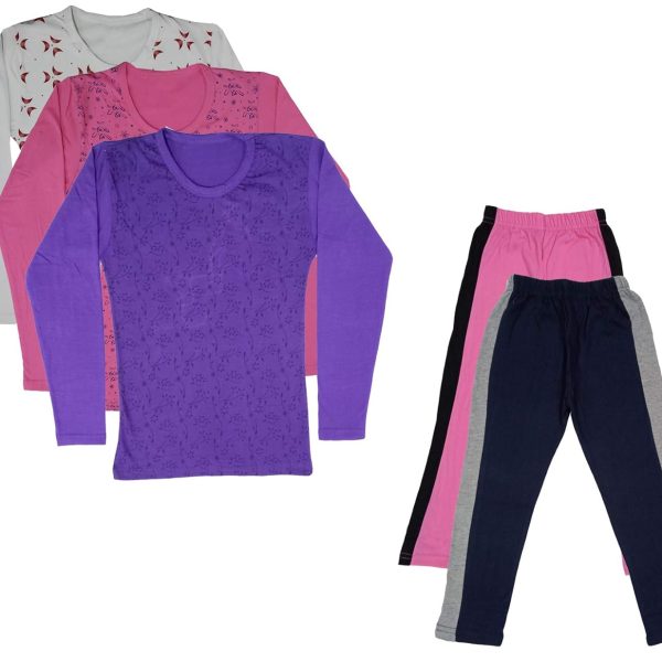 IndiWeaves Girls Cotton Full Sleeve Printed T-Shirts and Cotton Capri 3/4 Pants (Pink,Navy Blue,White,Pink,Purple,11-12 Years) Pack of 5
