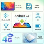 Android Tablet with SIM Card Slot Unlocked, 12 in Large Tablets, 16GB RAM+256GB ROM, 4G LET Cellular Tablet, WiFi BT5.0 GPS Octa-Core, 8000mAh, Dual Camera, Supports Telephone Functions - Image 2