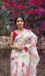 Murti Creation Women's Digital Floral Print Original Plain Linen Casual Saree With Blouse Piece (Main) - Image 2