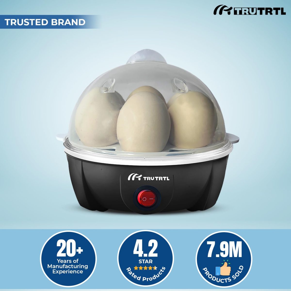 truTRTL Smart Instant Egg Boiler Machine 350 Watts | Boil upto 7 Eggs (Hard, Medium, Soft) | Automatic, Overheat Protection | Black| Plastic| 414 ml - Image 2
