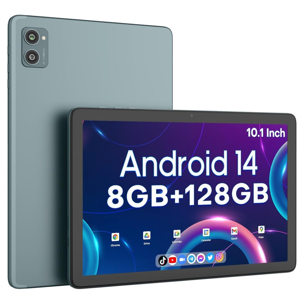 xiskt 10.1" Android Tablet, 14 Android Tablet, 8 (4+4) GB and 128GB Storage (Expansion to 512GB), Dual Camera 13MP + 5MP, 6800mAh, WiFi, Bluetooth 5.0, GPS, Charging