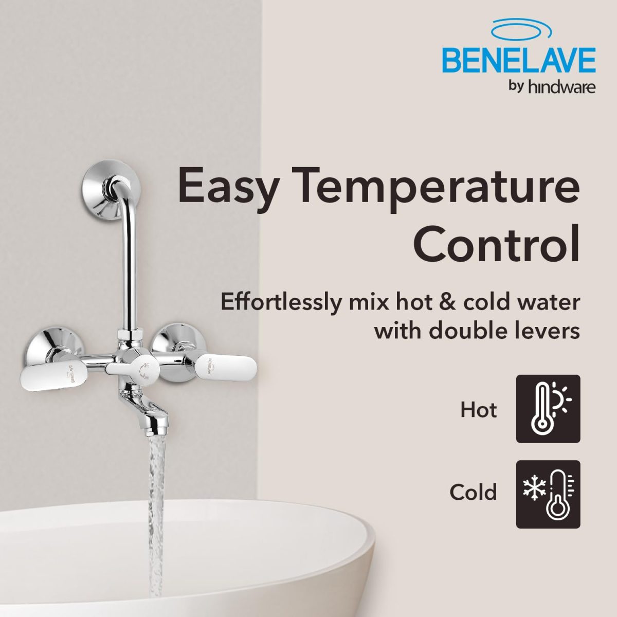 Benelave by Hindware Volga Brass Wall Mixer for Bathroom with Stainless Steel L-Bend Provision for Overhead Shower, Chrome Finish | 7-Year Manufacturer Warranty - Image 2