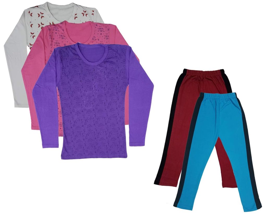 IndiWeaves Girls Cotton Full Sleeve Printed T-Shirts and Cotton Capri 3/4 Pants (Maroon,Sky Blue,White,Pink,Purple,11-12 Years) Pack of 5