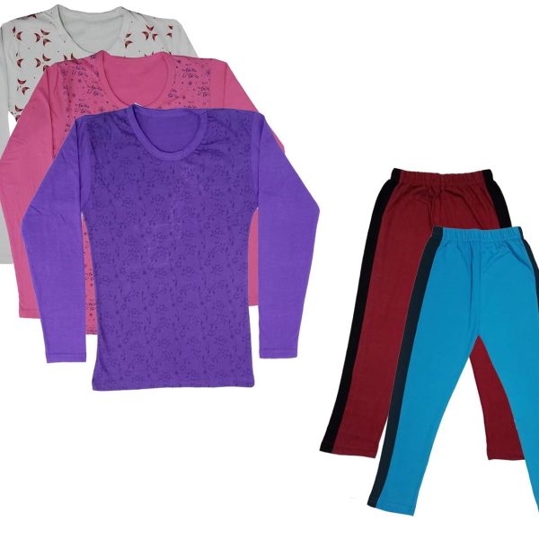 IndiWeaves Girls Cotton Full Sleeve Printed T-Shirts and Cotton Capri 3/4 Pants (Maroon,Sky Blue,White,Pink,Purple,11-12 Years) Pack of 5