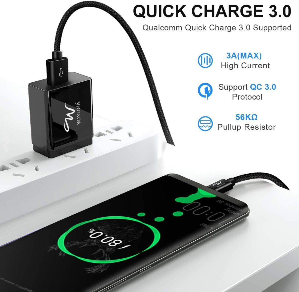 Wayona Type C 3Meter Nylon Braided 65W/3A Fast Charging USB C Long Cable Compatible for Samsung Galaxy S24, S23, S22, iPhone 15 Series, Android Auto, Apple CarPlay (10 FT Pack of 1, Black) - Image 3