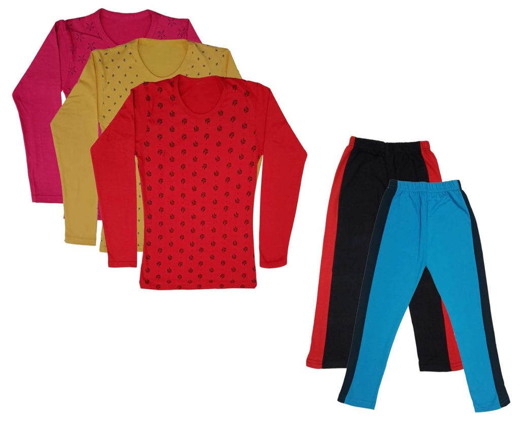 IndiWeaves Girls Cotton Full Sleeve Printed T-Shirts and Cotton Capri 3/4 Pants (Black,Sky Blue,Magenta,Yellow,Red,9-10 Years) Pack of 5