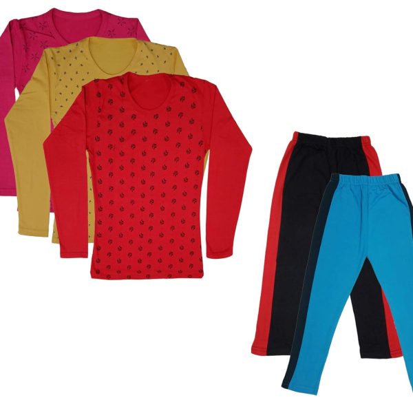 IndiWeaves Girls Cotton Full Sleeve Printed T-Shirts and Cotton Capri 3/4 Pants (Black,Sky Blue,Magenta,Yellow,Red,9-10 Years) Pack of 5