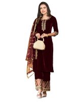 SIRIL Women's Velvet Embroidery Work Kurta Pant with Dupatta Set