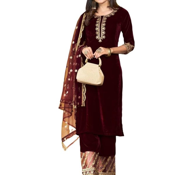 SIRIL Women's Velvet Embroidery Work Kurta Pant with Dupatta Set
