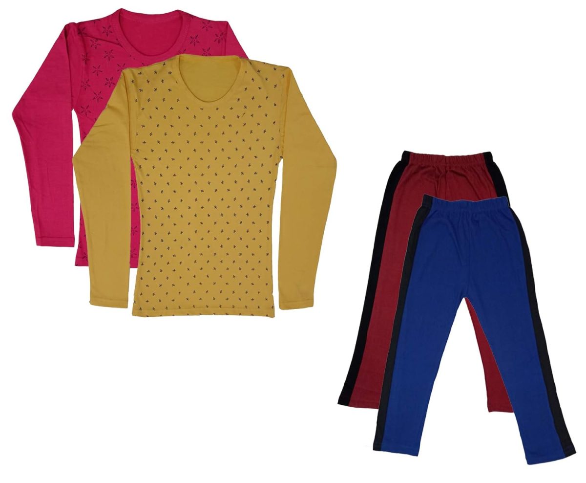 IndiWeaves Girls Cotton Full Sleeve Printed T-Shirts and Cotton Capri 3/4 Pants (Maroon,Blue,Magenta,Yellow,9-10 Years) Pack of 4