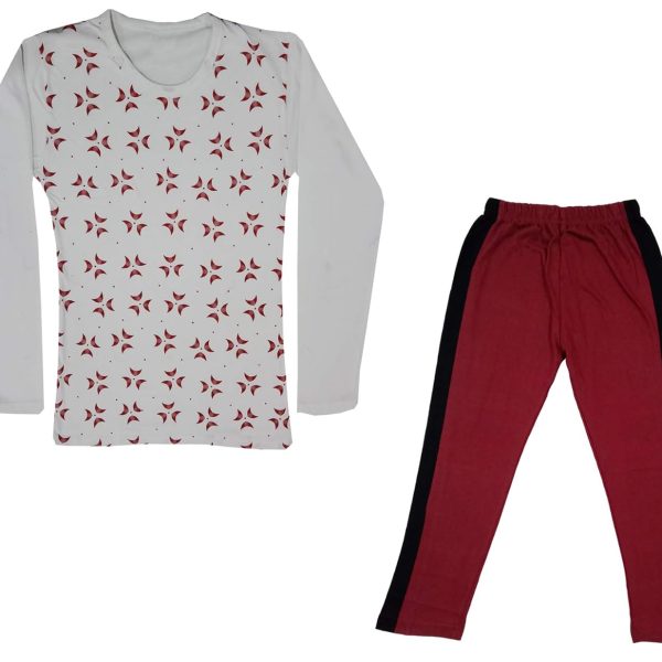 IndiWeaves Girls Cotton Full Sleeve Printed T-Shirts and Cotton Capri 3/4 Pants (Maroon,White) Pack of 2