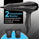 Vega VHDP-02 Professional Hair Dryer For Women & Men- (Pro Touch 1800-2000W) Cool Shot Button, 2 Heat/2 Speed Settings & 2 Detachable Nozzles|Black|2000 Watt - Image 4
