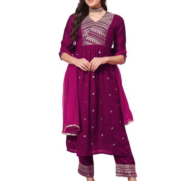 VredeVogel Women's Silk Blend Kurta Pant Set with Nazneen Embroidery Dupatta