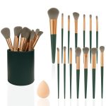 ANNA's 14 Pcs Makeup Brush Set with Beauty Blender Sponge – Professional Face & Eye Cosmetic Brushes for Foundation, Blush, Contour, Eyeshadow – Soft Bristles, Green Handle