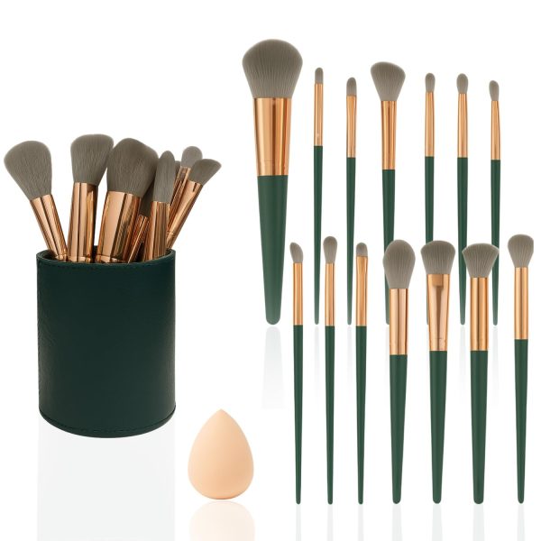 ANNA's 14 Pcs Makeup Brush Set with Beauty Blender Sponge – Professional Face & Eye Cosmetic Brushes for Foundation, Blush, Contour, Eyeshadow – Soft Bristles, Green Handle