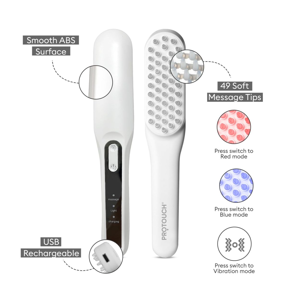 PROTOUCH LED Hair Therapy Comb with Red & Blue LED light scalp treatment & Vibration massage | Hair Fall control | Scalp Massage | Portable & Detangling | For Men & Women | All Hair Type - Image 2