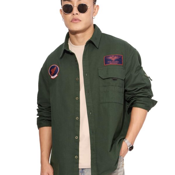 The Souled Store Official Top Gun: Flight Crew Men and Boys Long Sleeves Collared Neck Button Front Green Patch Embroidery Regular Fit Cotton Shirts