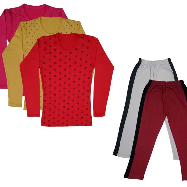 IndiWeaves Girls Cotton Full Sleeve Printed T-Shirts and Cotton Capri 3/4 Pants (White,Maroon,Magenta,Yellow,Red,14-15 Years) Pack of 5