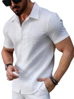Men's Short Sleeve Button Down Shirt, Textured Geometric Pattern, White, Slim Fit