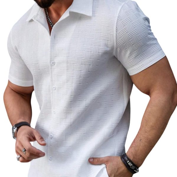 Men's Short Sleeve Button Down Shirt, Textured Geometric Pattern, White, Slim Fit