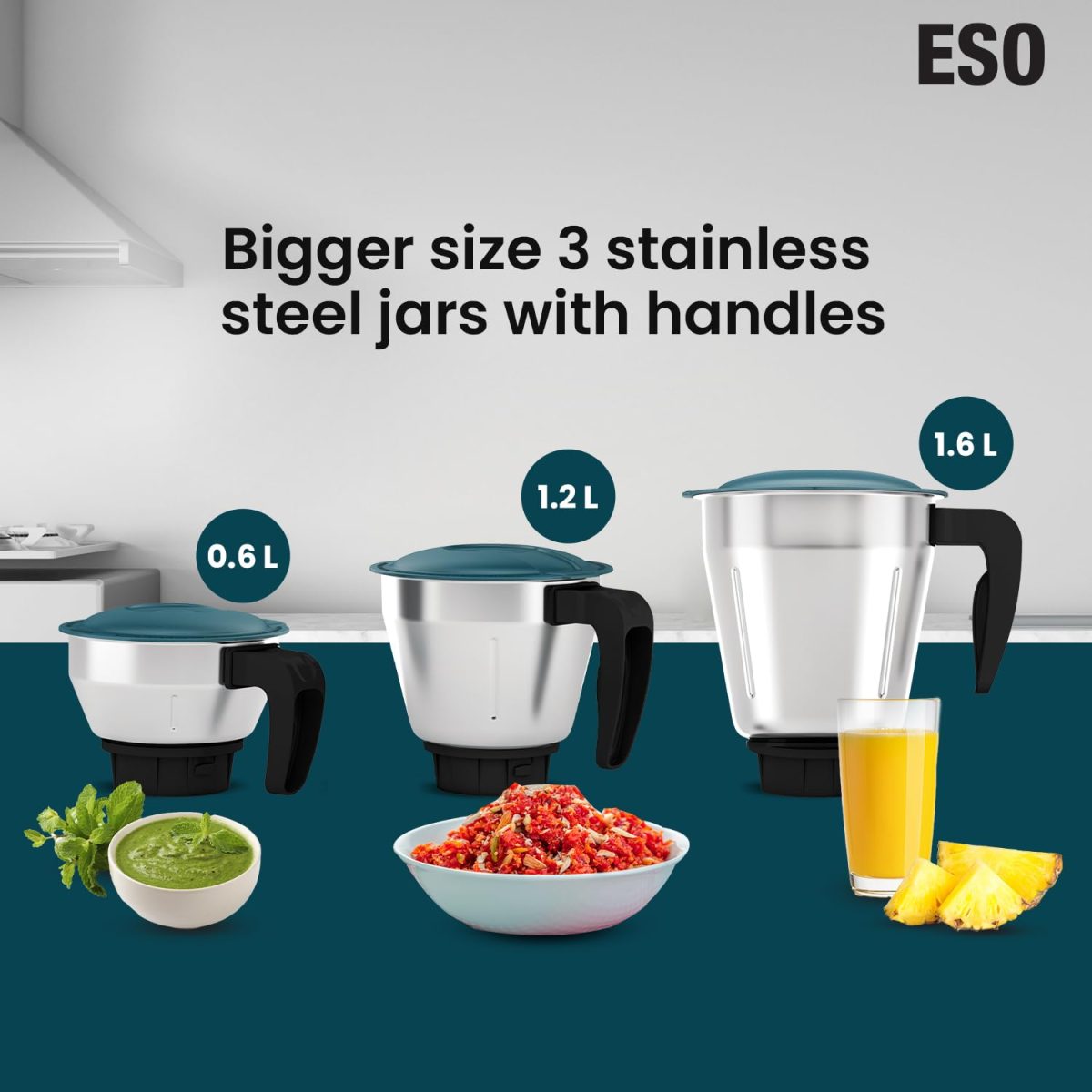 Havells ESO 750 Watt Mixer Grinder | 3 Stainless Steel Jars with Handles | 304 Rust-Resistant SS Blades | 21000 RPM High-Speed Motor | 5-Year Motor Warranty | Heavy-Duty Mixie (Teal) - Image 4