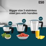 Havells ESO 750 Watt Mixer Grinder | 3 Stainless Steel Jars with Handles | 304 Rust-Resistant SS Blades | 21000 RPM High-Speed Motor | 5-Year Motor Warranty | Heavy-Duty Mixie (Teal) - Image 4