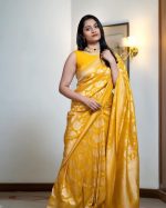Women's Banarasi Soft Lichi Silk Saree - Yellow | Beautiful Rich Pallu & JACQUARD Work Saree [Unstitched Blouse Piece] - Image 3