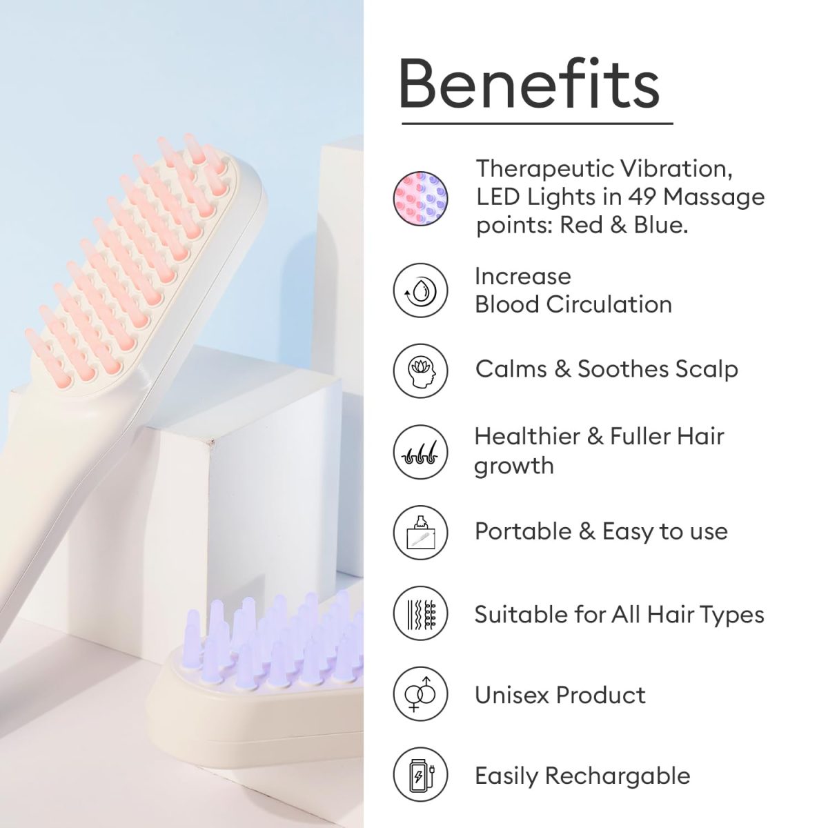PROTOUCH LED Hair Therapy Comb with Red & Blue LED light scalp treatment & Vibration massage | Hair Fall control | Scalp Massage | Portable & Detangling | For Men & Women | All Hair Type - Image 3