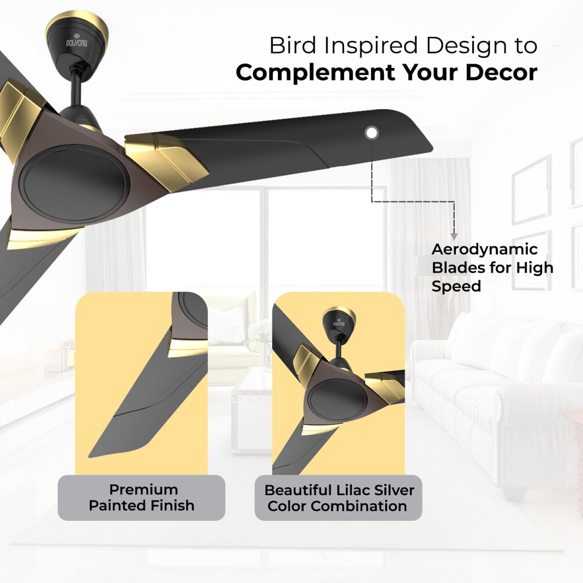 Polycab Aereo Plus Star Rated, 1200mm Ceiling Fan For Home | High Speed & Air Delivery | Saves Up To 33% Electricity, 100% Copper, Rust-Proof Blades, 52 Watt【Matt Black Choclate Gold】 - Image 2