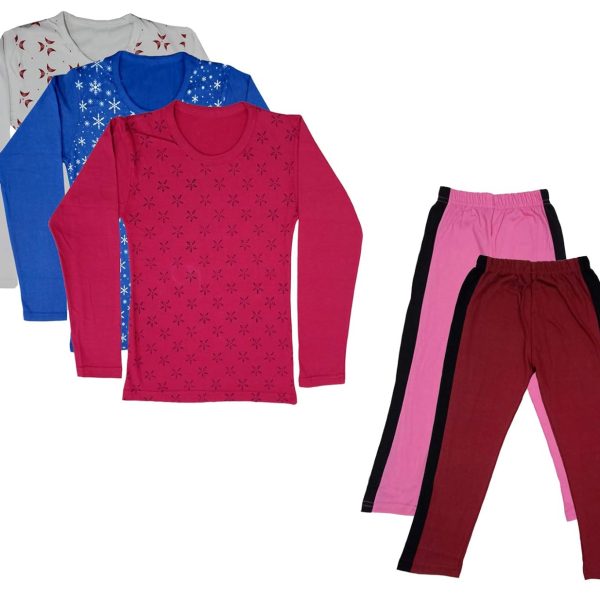 IndiWeaves Girls Cotton Full Sleeve Printed T-Shirts and Cotton Capri 3/4 Pants (Pink,Maroon,White,Blue,Magenta,15-16 Years) Pack of 5
